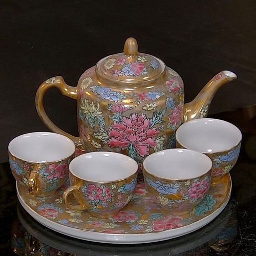 景德镇陶瓷70年代老货厂瓷 本金描金万花茶壶带四杯底托茶具套装