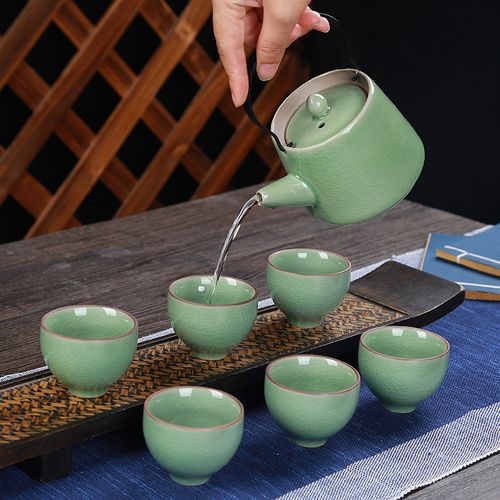 厂家直销7头哥窑提梁壶茶具套装特价日式茶壶陶瓷提梁壶旅行茶具